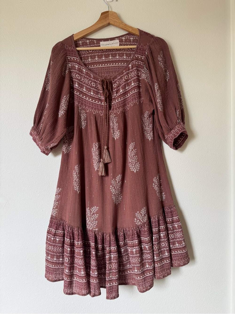 Daughters of India Cocoa-Rose Block Print “Boho” Dress with Silver threading SM